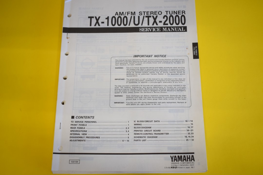 Yamaha TX-1000/U/TX-2000 Tuner Service Manual  			